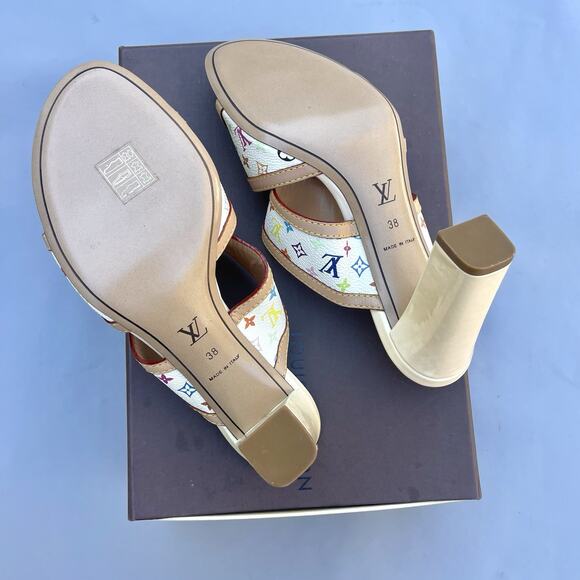 Louis Vuitton Takashi Murakami white multicolor mules Heels size 38 US 8 Sandals - Picture 8 of 9